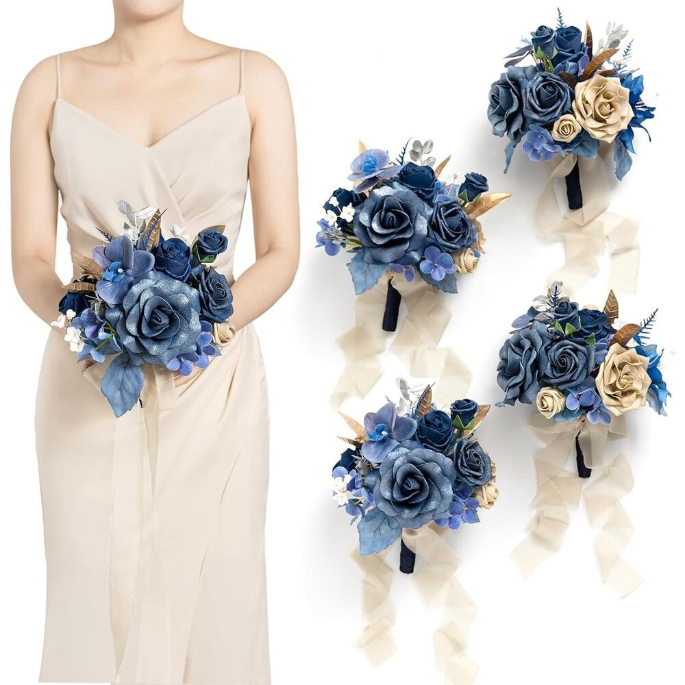 Ling's Moment Blue and Gold Bridesmaid Bouquet Set of 4, Lilac Wedding‎ Bouqu...
